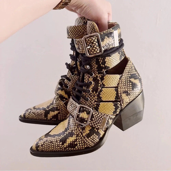 Chloe Rylee Leather Python Caged Western Boots Booties Heels Pointed Toe - Picture 2 of 6
